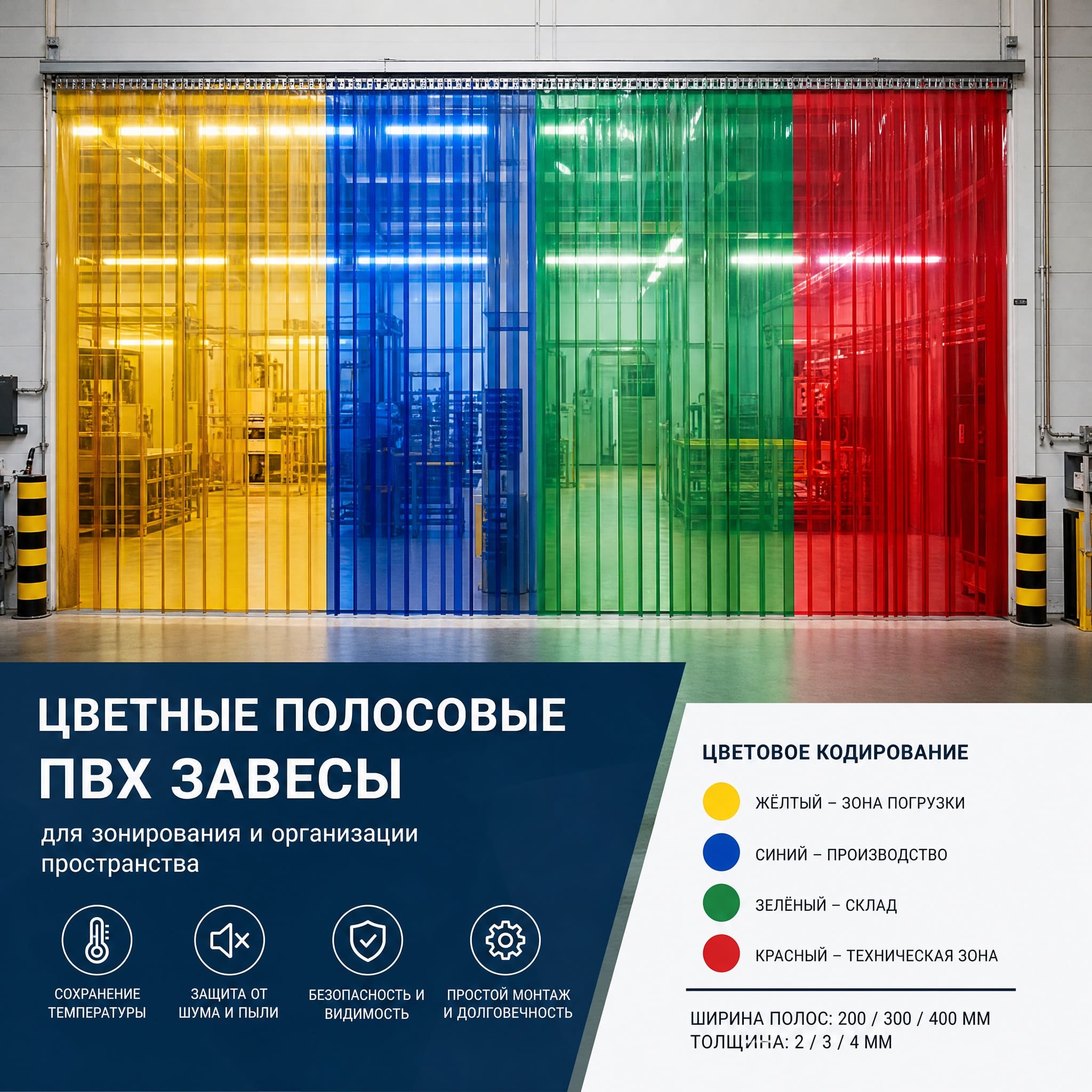 Цветные полосовые ПВХ-завесы для зонирования производственного пространства