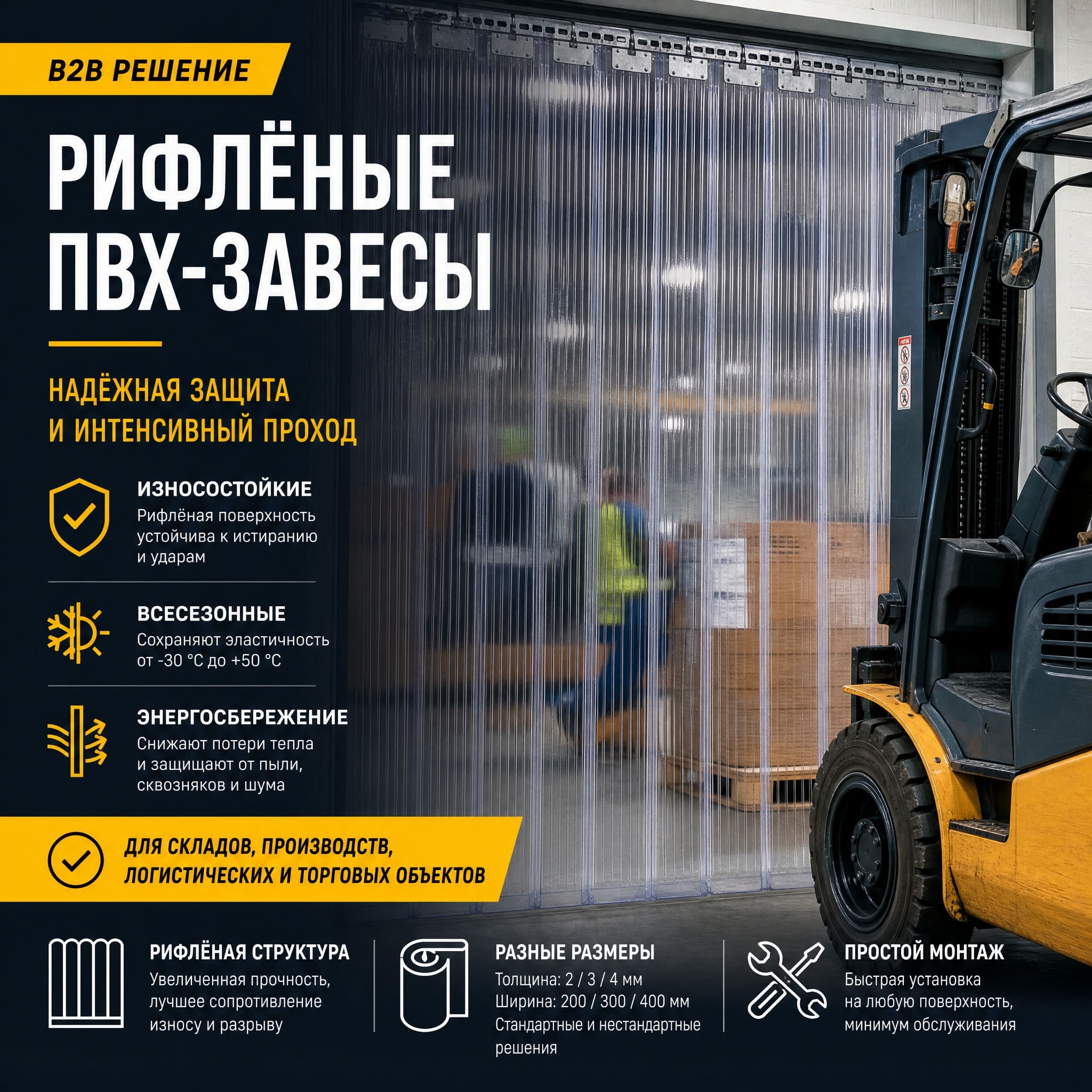 Рифлёные полосовые ПВХ-завесы в проёме с интенсивным движением техники